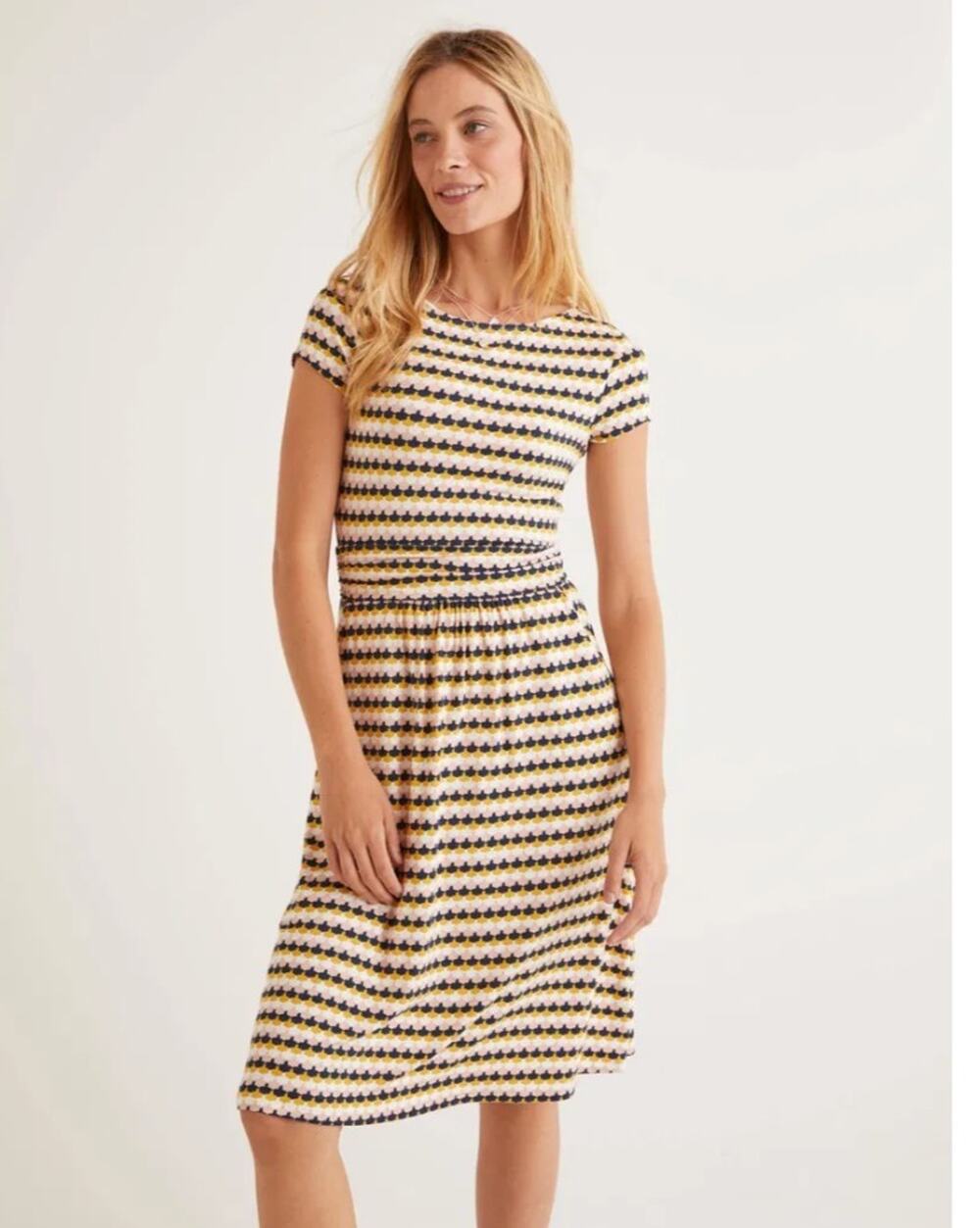 Boden Amelie Jersey Dress Tuscan Scallop Print Yellow US Size 8 Long/Tall